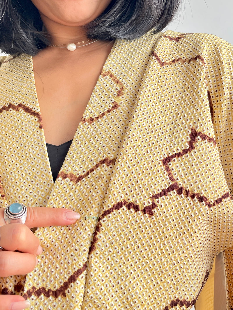 Haori Shibori Yellow with Chocolate Lines in Silk