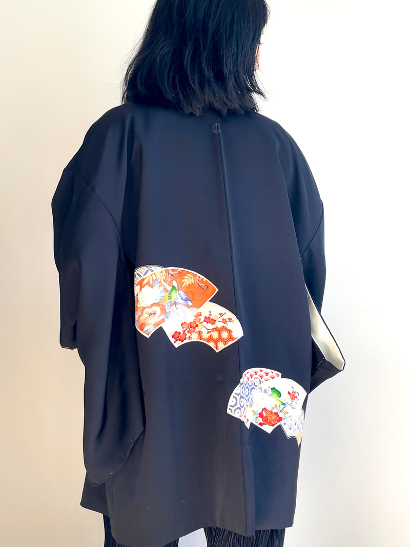 Haori Black with Japanese Fans in Silk