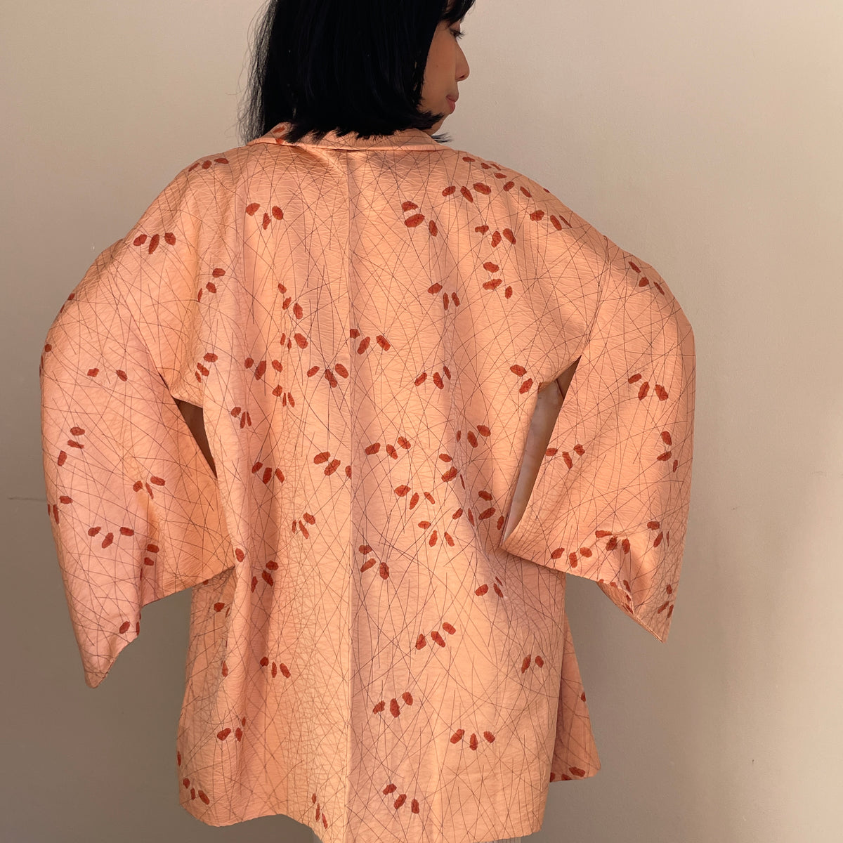 Haori Peach Pink with Shibori Leaves in Silk