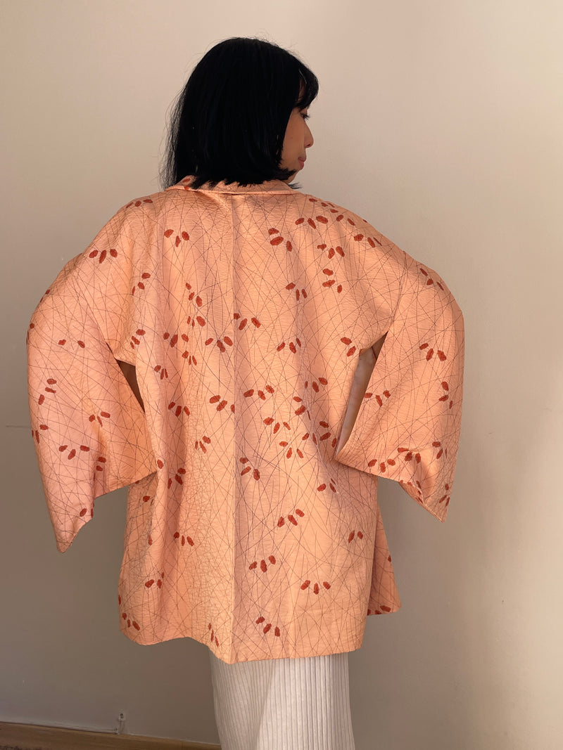 Haori Peach Pink with Shibori Leaves in Silk