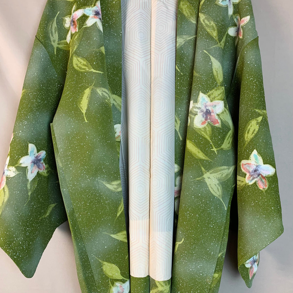 Haori Hand Painted Flowers in Green silk - SKU