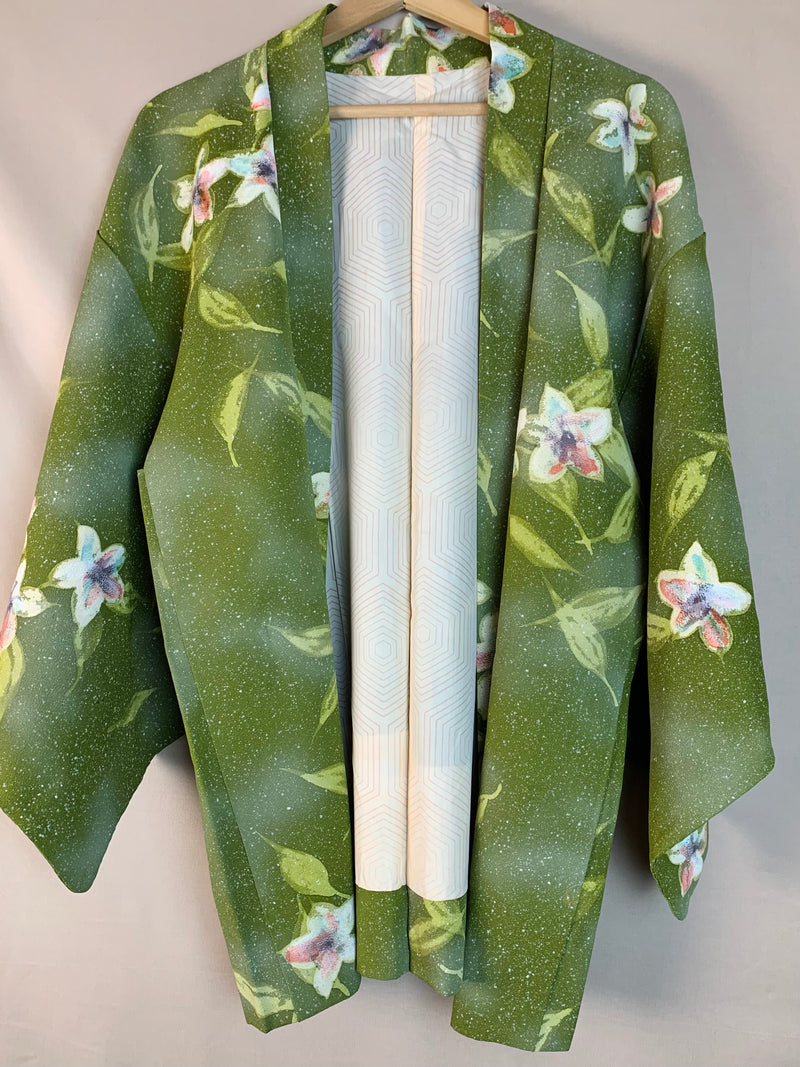 Haori Hand Painted Flowers in Green silk - SKU