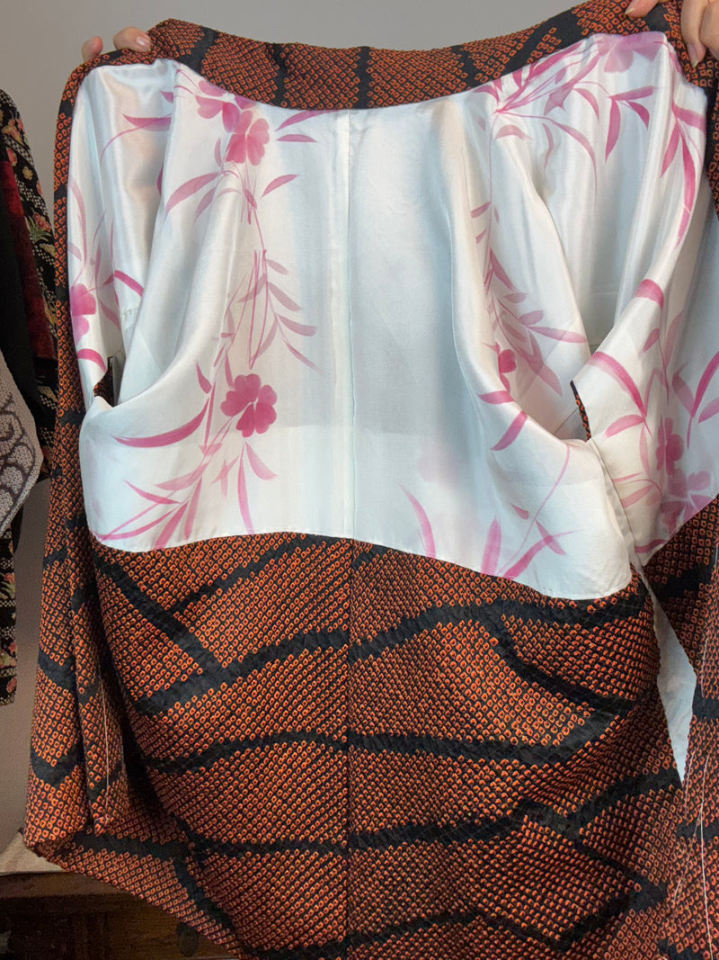 Haori Black and Orange Shibori Technique in Silk