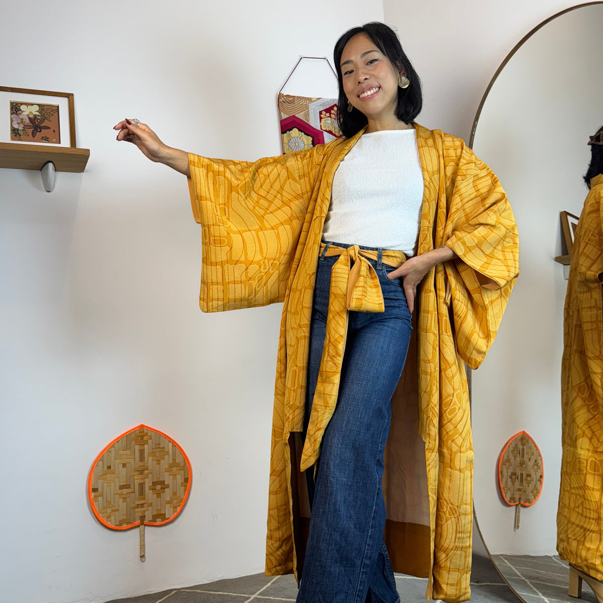 Kimono Mustard Yellow Lines and Forms in Silk with Belt