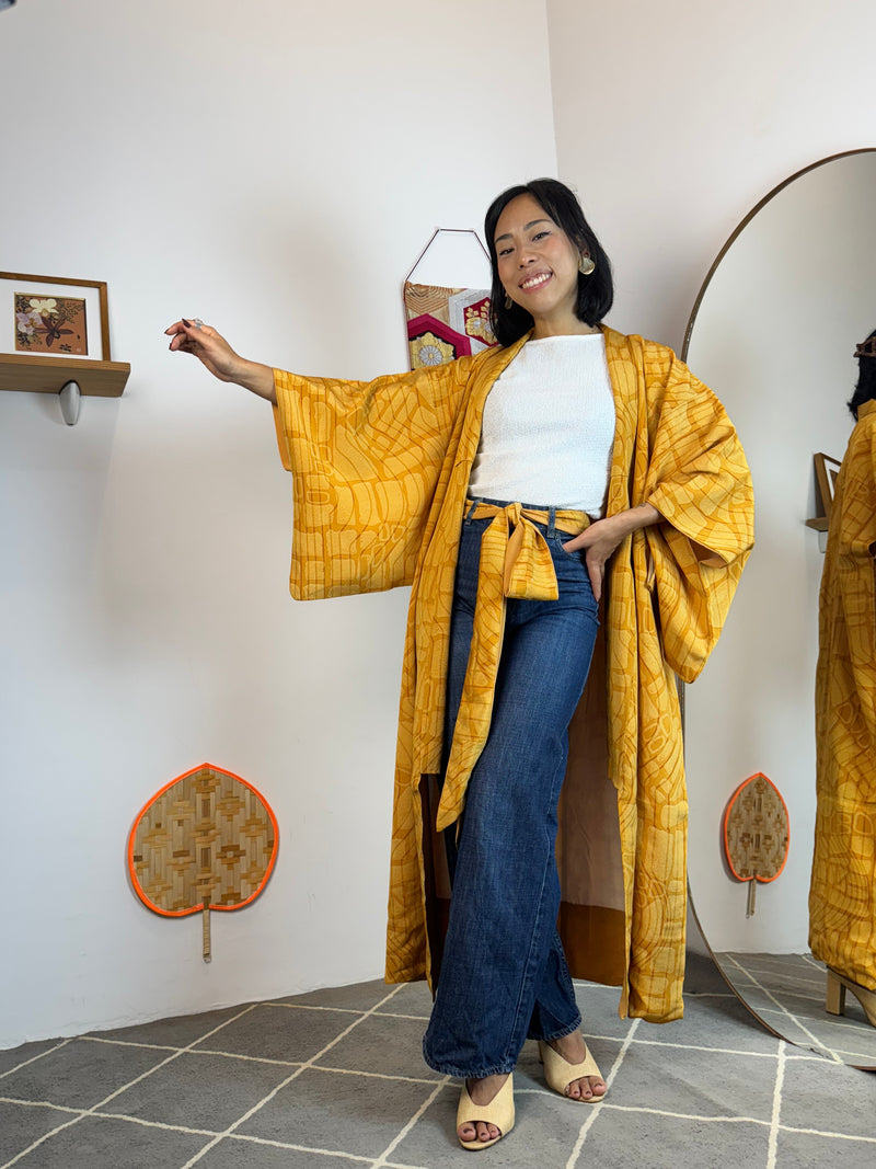 Kimono Mustard Yellow Lines and Forms in Silk with Belt