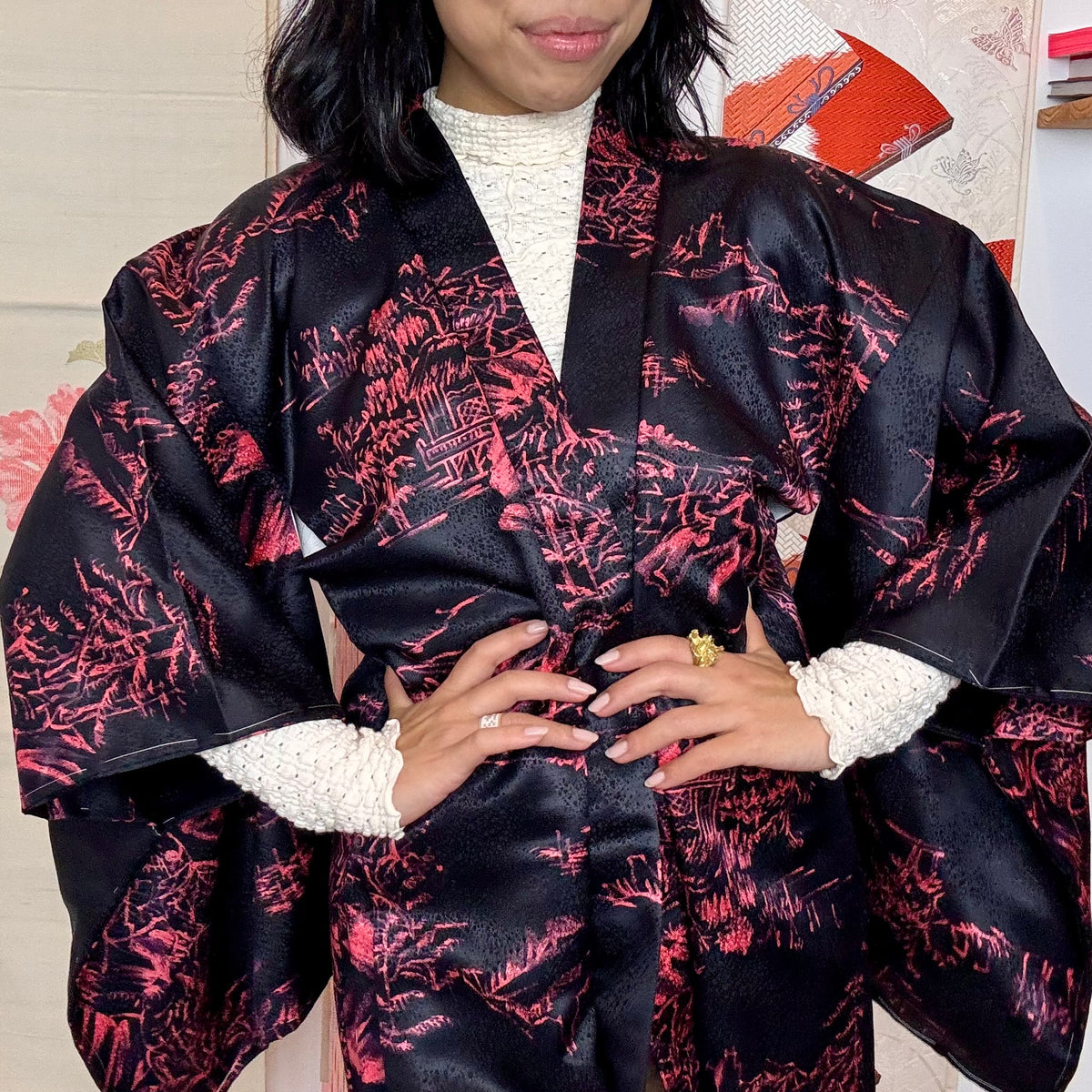 Haori Black with Pink Japanese Houses in Silk