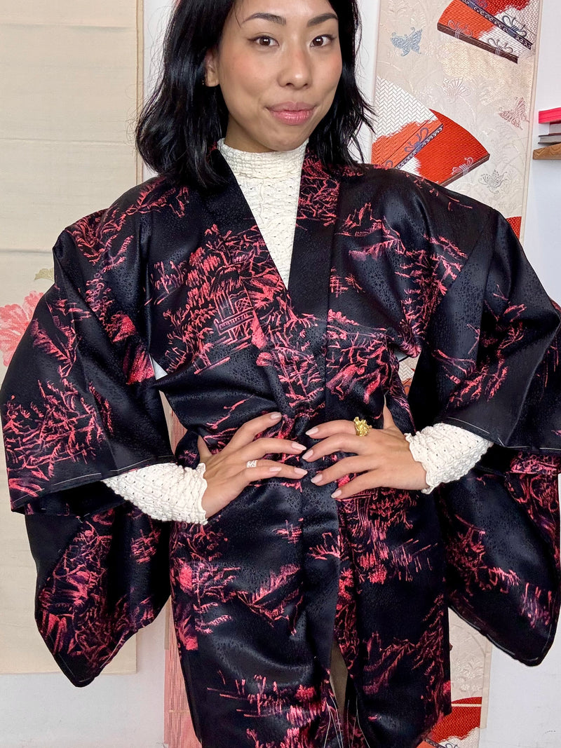 Haori Black with Pink Japanese Houses in Silk