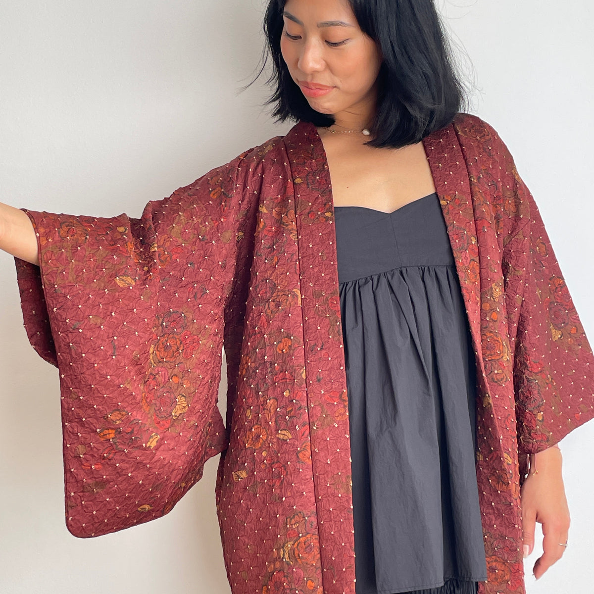 Haori Dark Burgundy in Shibori with Tsujihagana Style Flowers