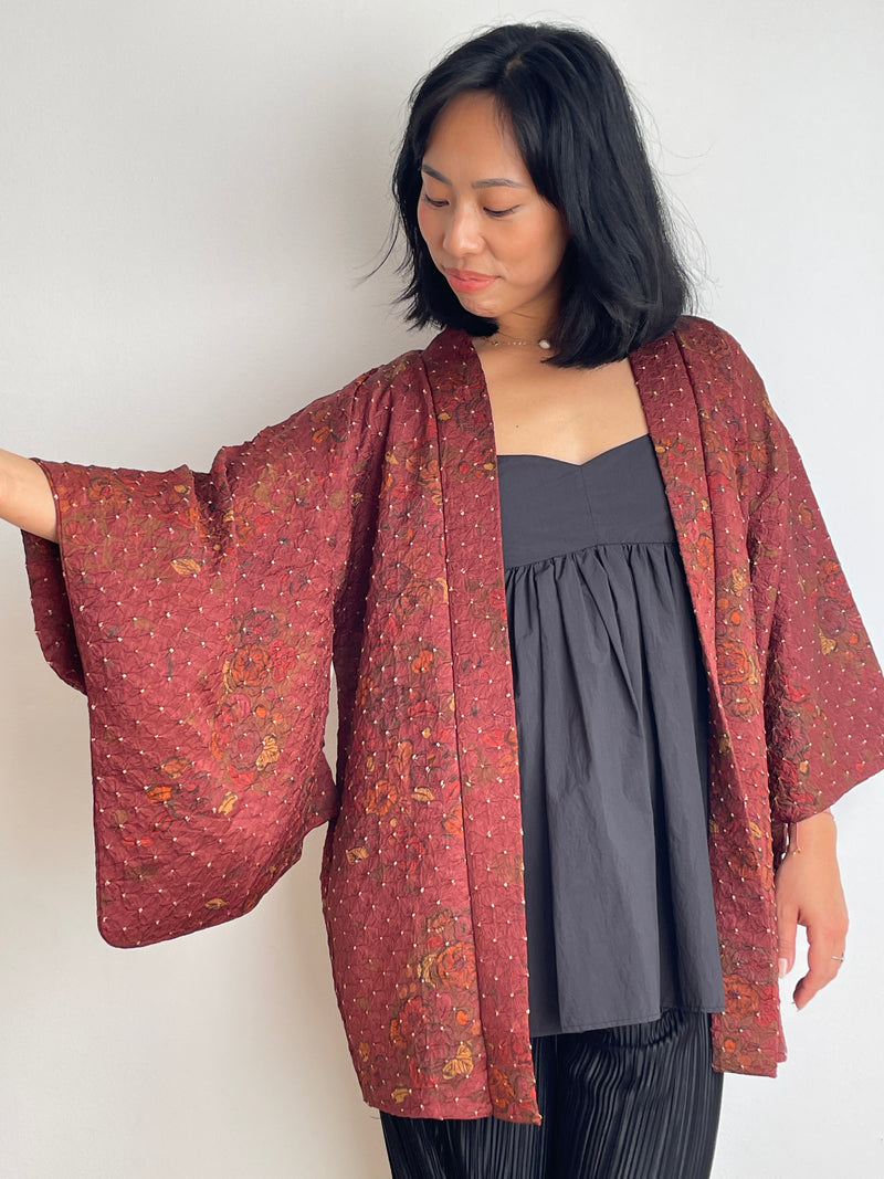 Haori Dark Burgundy in Shibori with Tsujihagana Style Flowers