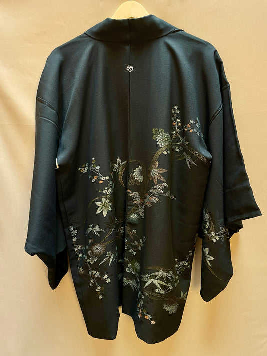 Haori Jacket Black with Metallic Colorful Flower Embroideries in Silk