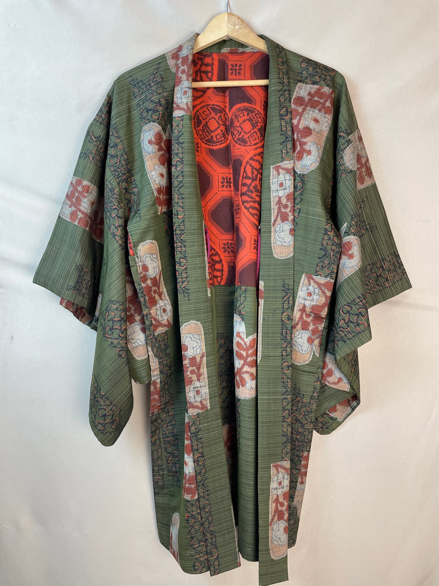 Haori Meisen Moss Green with Daruma Red Interior in Silk