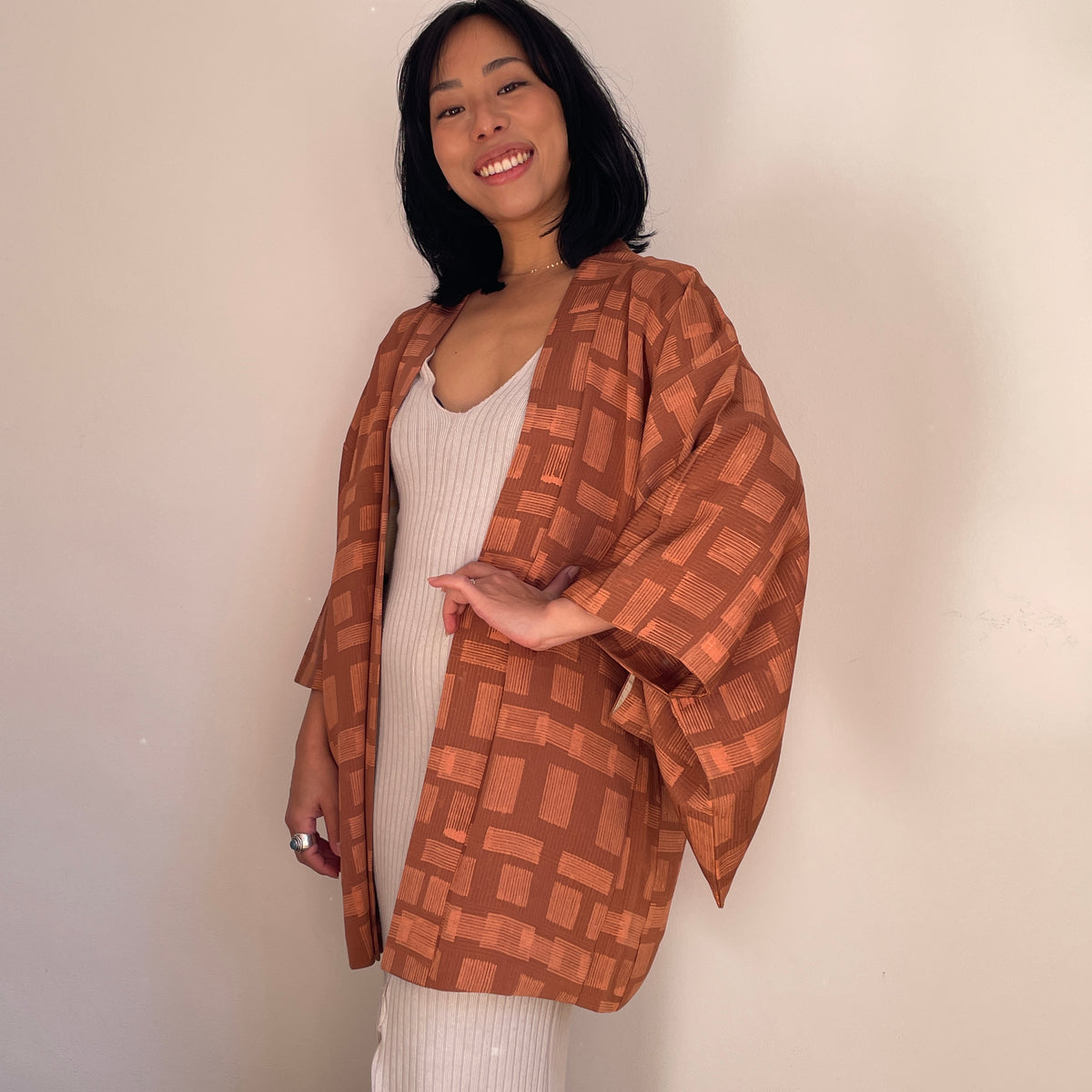 Haori Cinamon with Bricks in Silk - Closure attached