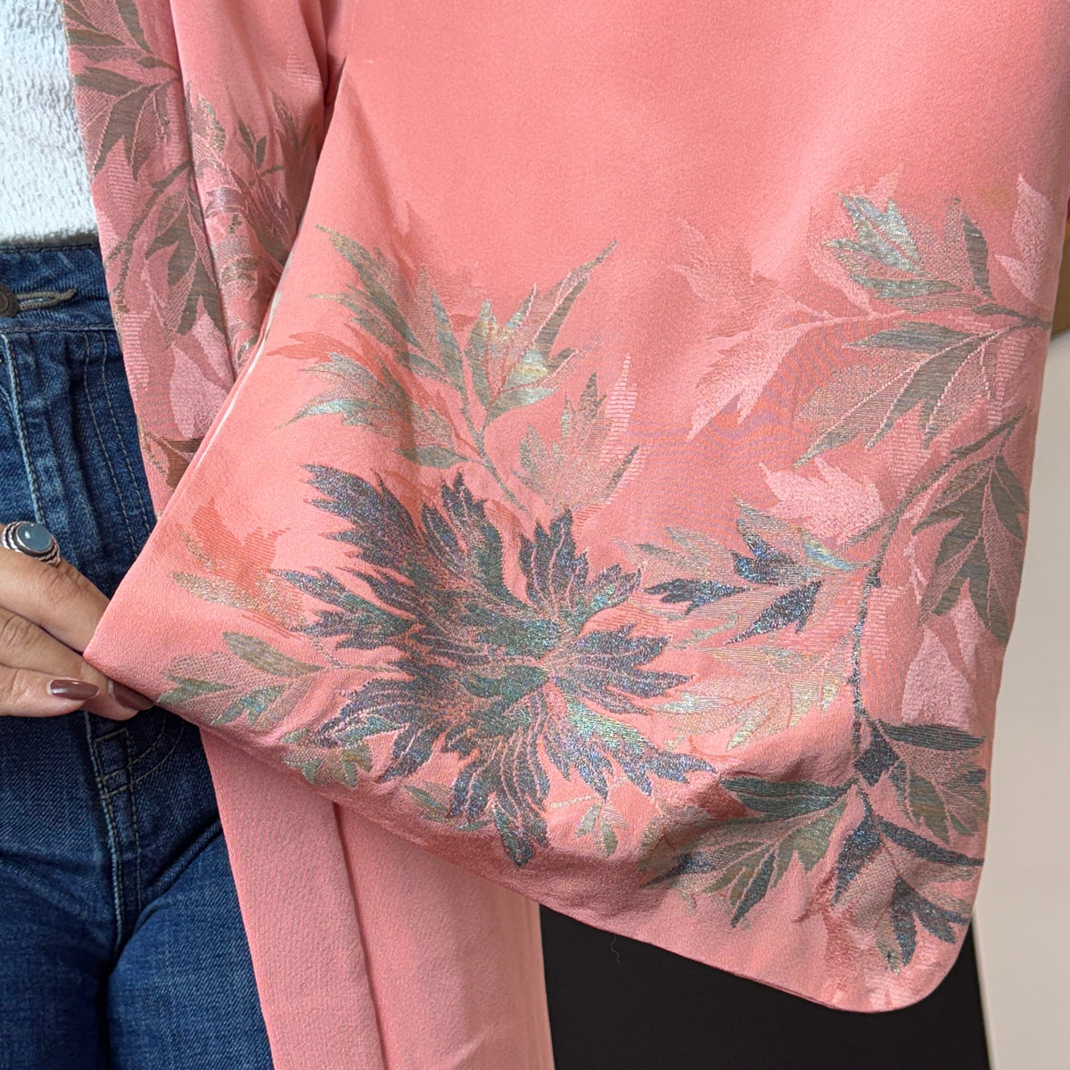 Haori Pink with Metallic Flowers Embroidered in Silk Crepe