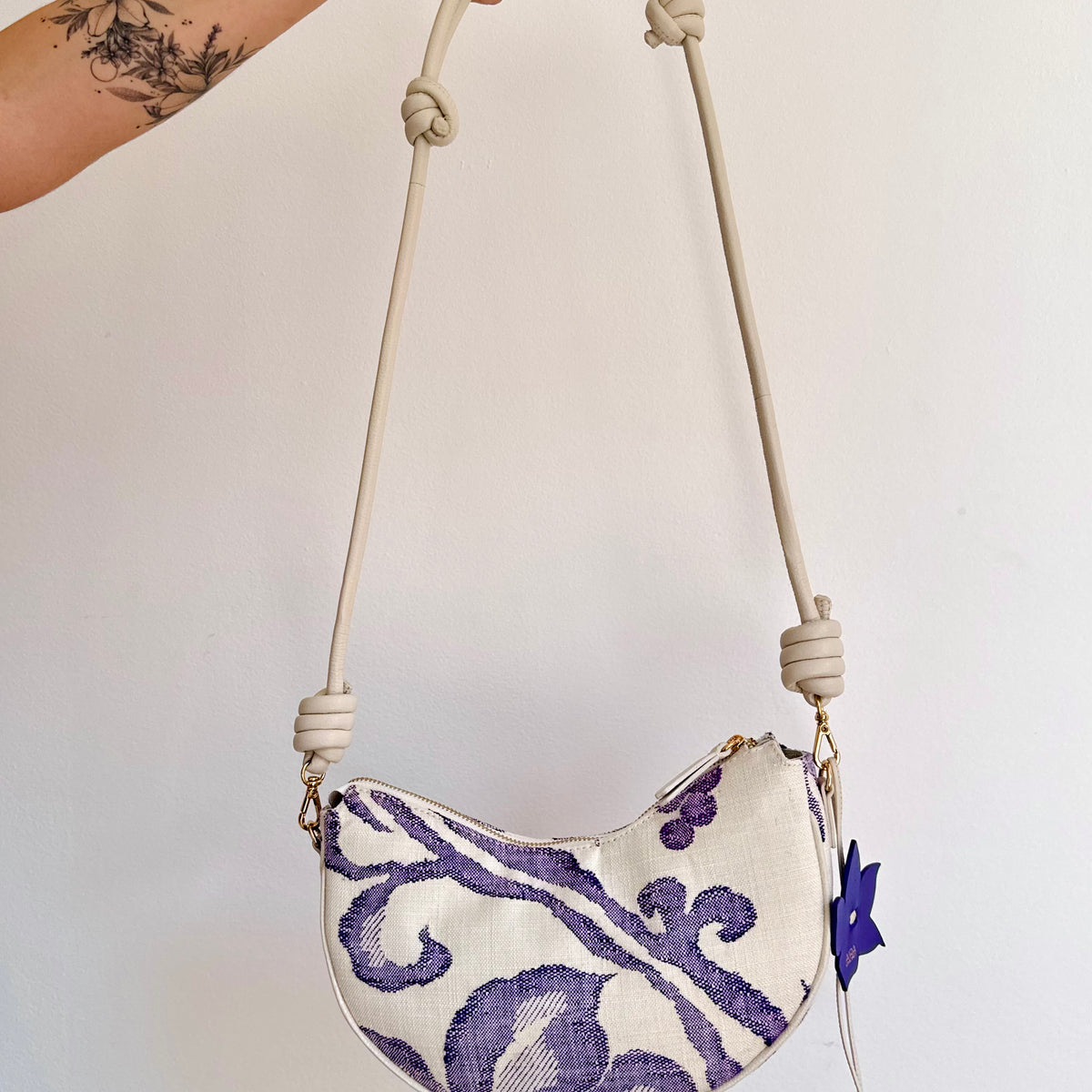 Aiko Bag: Fuji - White and Purple from Woven Japanese Obi Sash with White Leather Strap