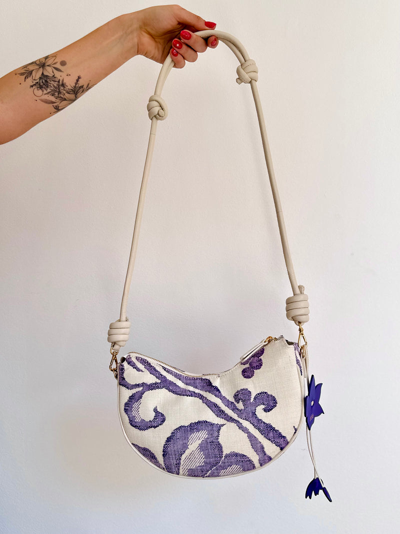 Aiko Bag: Fuji - White and Purple from Woven Japanese Obi Sash with White Leather Strap