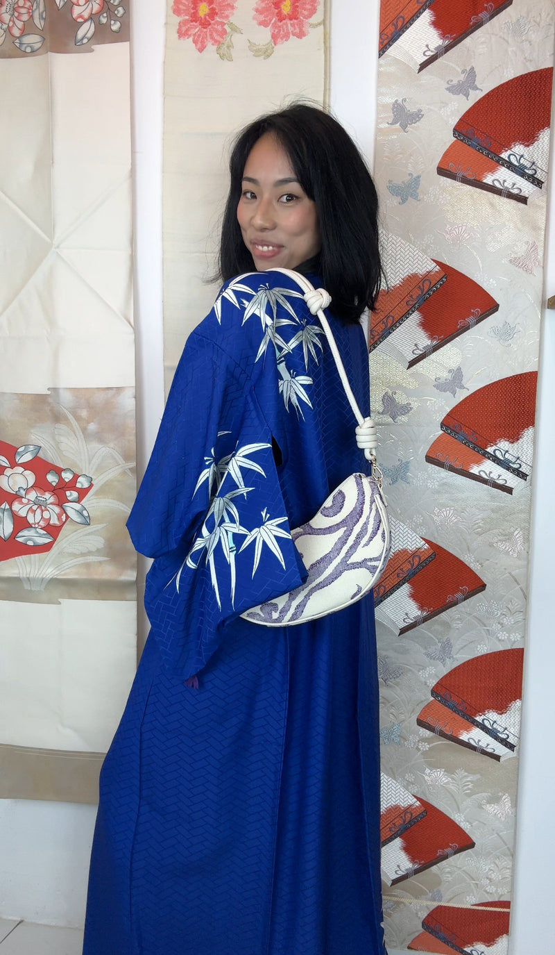 Kimono Single Layer Royal Blue with Painted Bamboo in Silk
