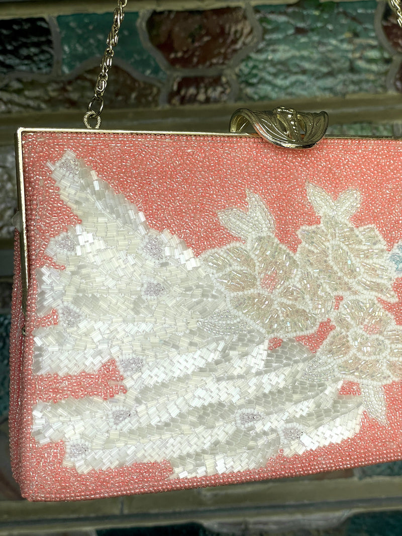 Beaded Bag Pink with white Flowers