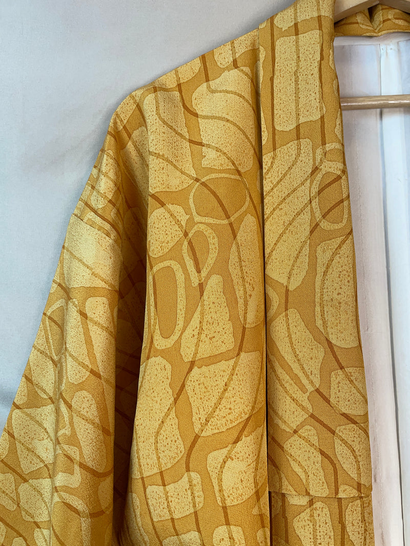 Kimono Mustard Yellow Lines and Forms in Silk with Belt