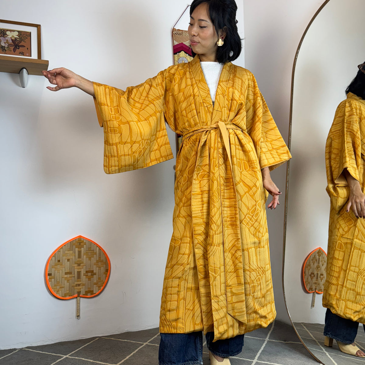 Kimono Mustard Yellow Lines and Forms in Silk with Belt