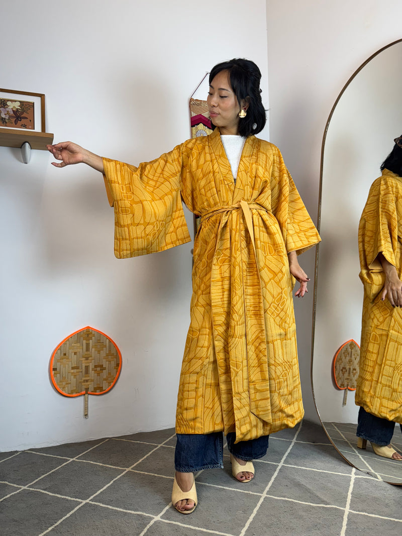 Kimono Mustard Yellow Lines and Forms in Silk with Belt