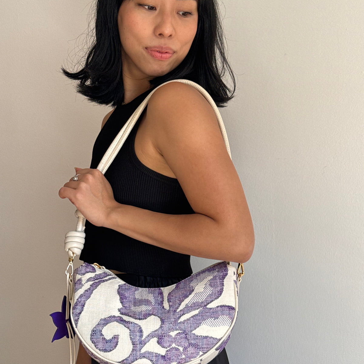 Aiko Bag: Fuji - White and Purple from Woven Japanese Obi Sash with White Leather Strap