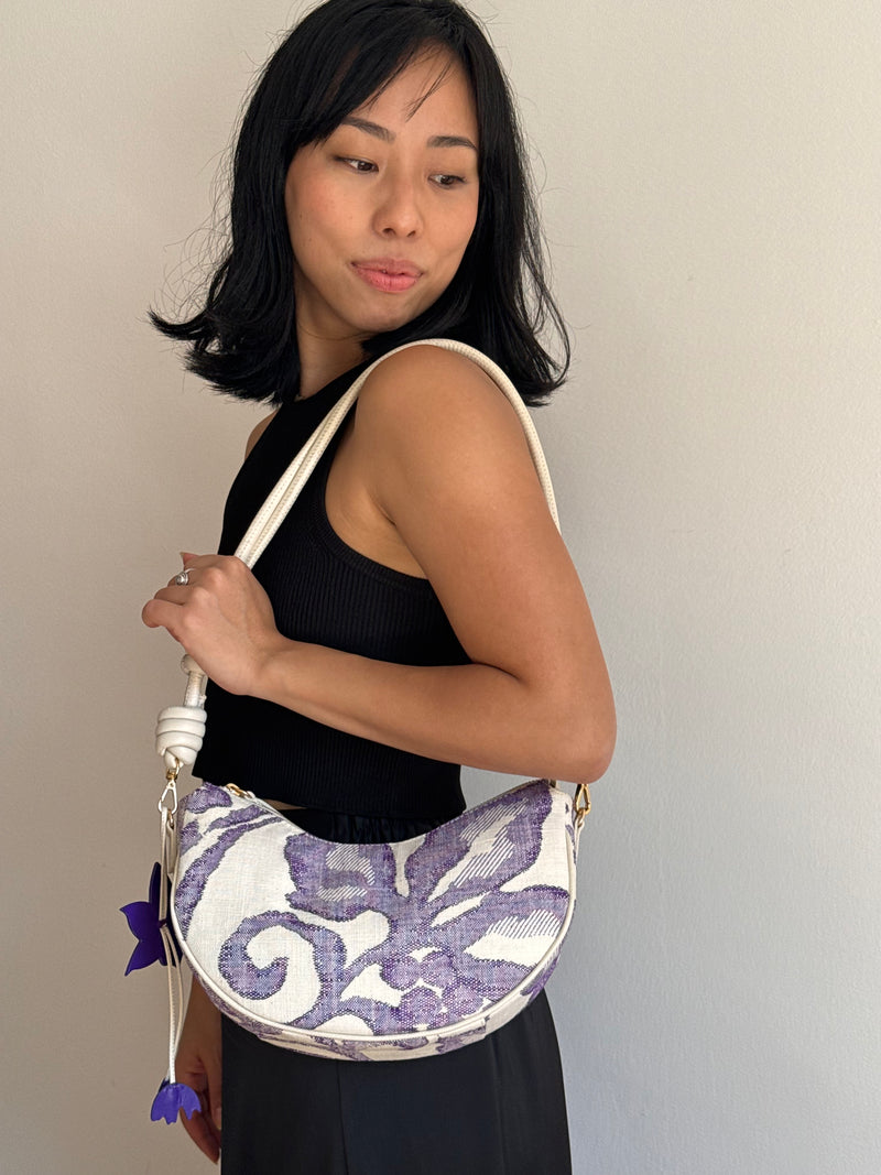Aiko Bag: Fuji - White and Purple from Woven Japanese Obi Sash with White Leather Strap