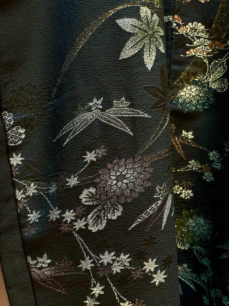 Haori Jacket Black with Metallic Colorful Flower Embroideries in Silk