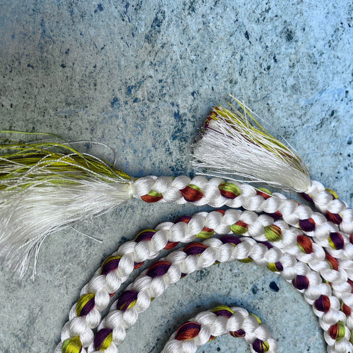 Obijime Belt Braided in White with Green and Red in Silk