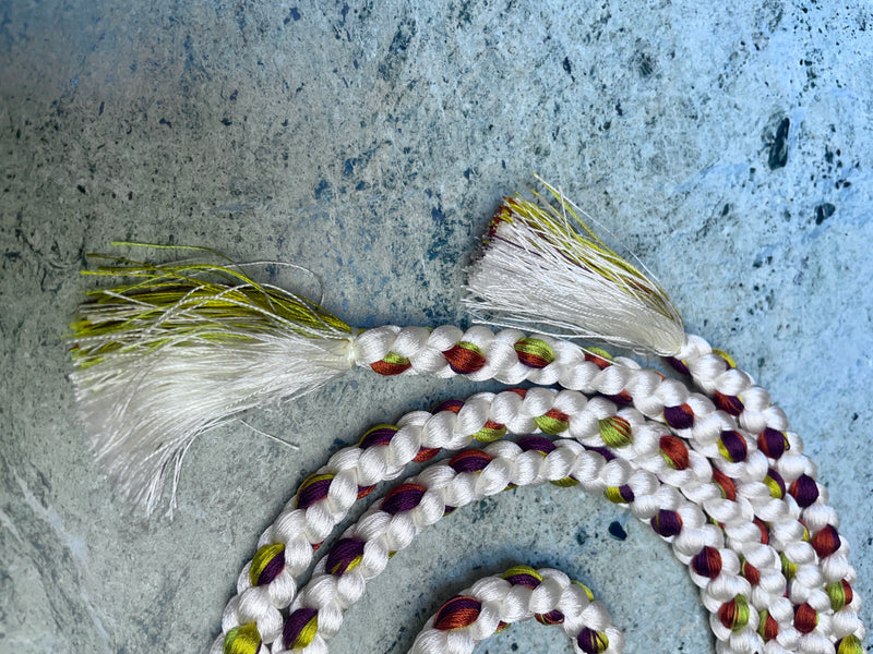 Obijime Belt Braided in White with Green and Red in Silk