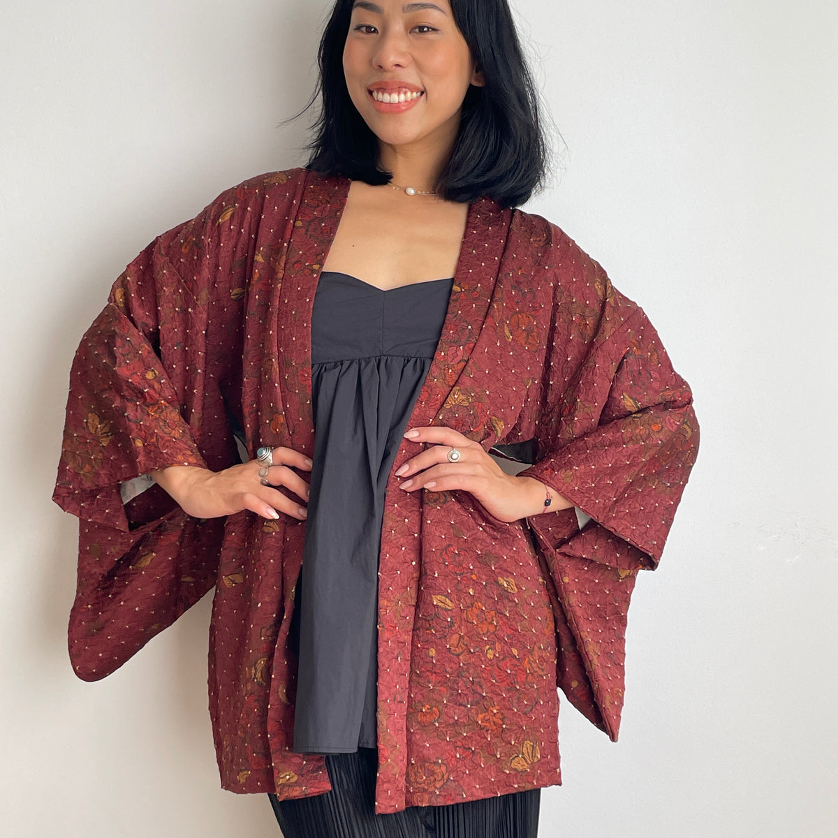 Haori Dark Burgundy in Shibori with Tsujihagana Style Flowers