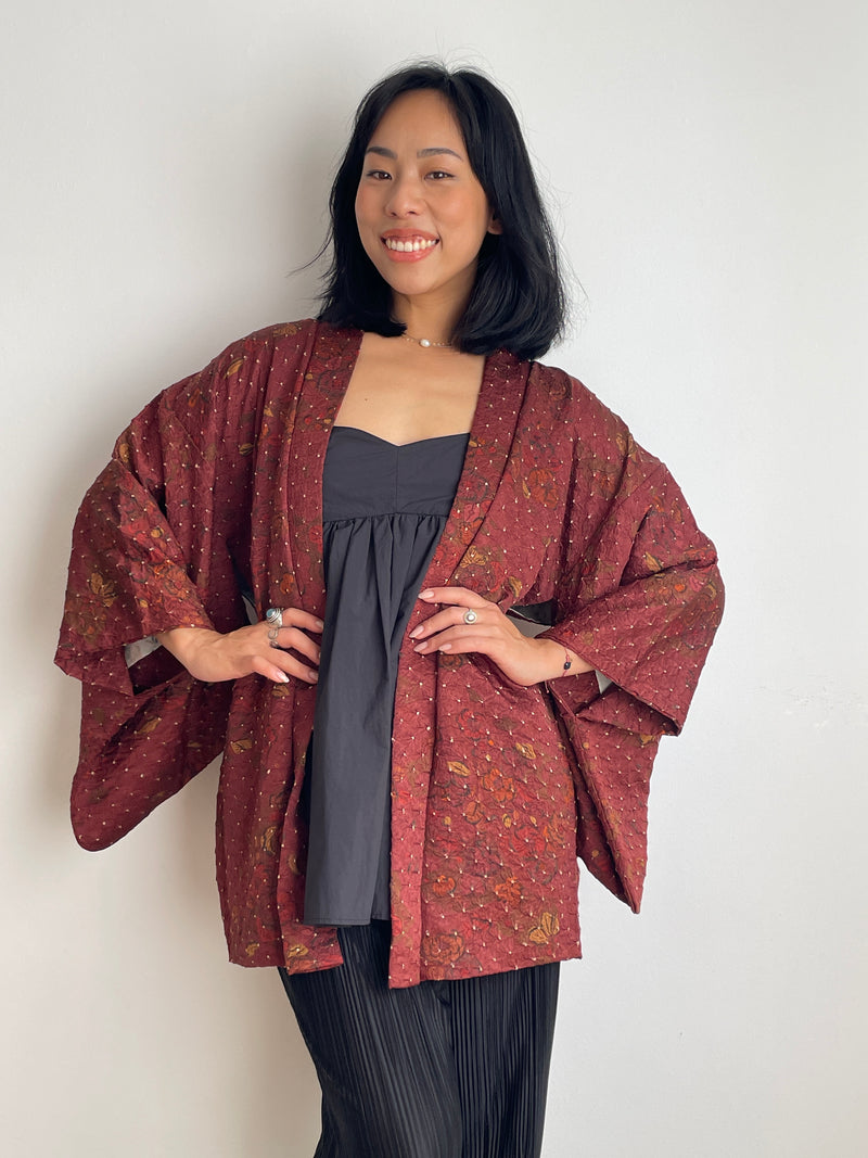 Haori Dark Burgundy in Shibori with Tsujihagana Style Flowers