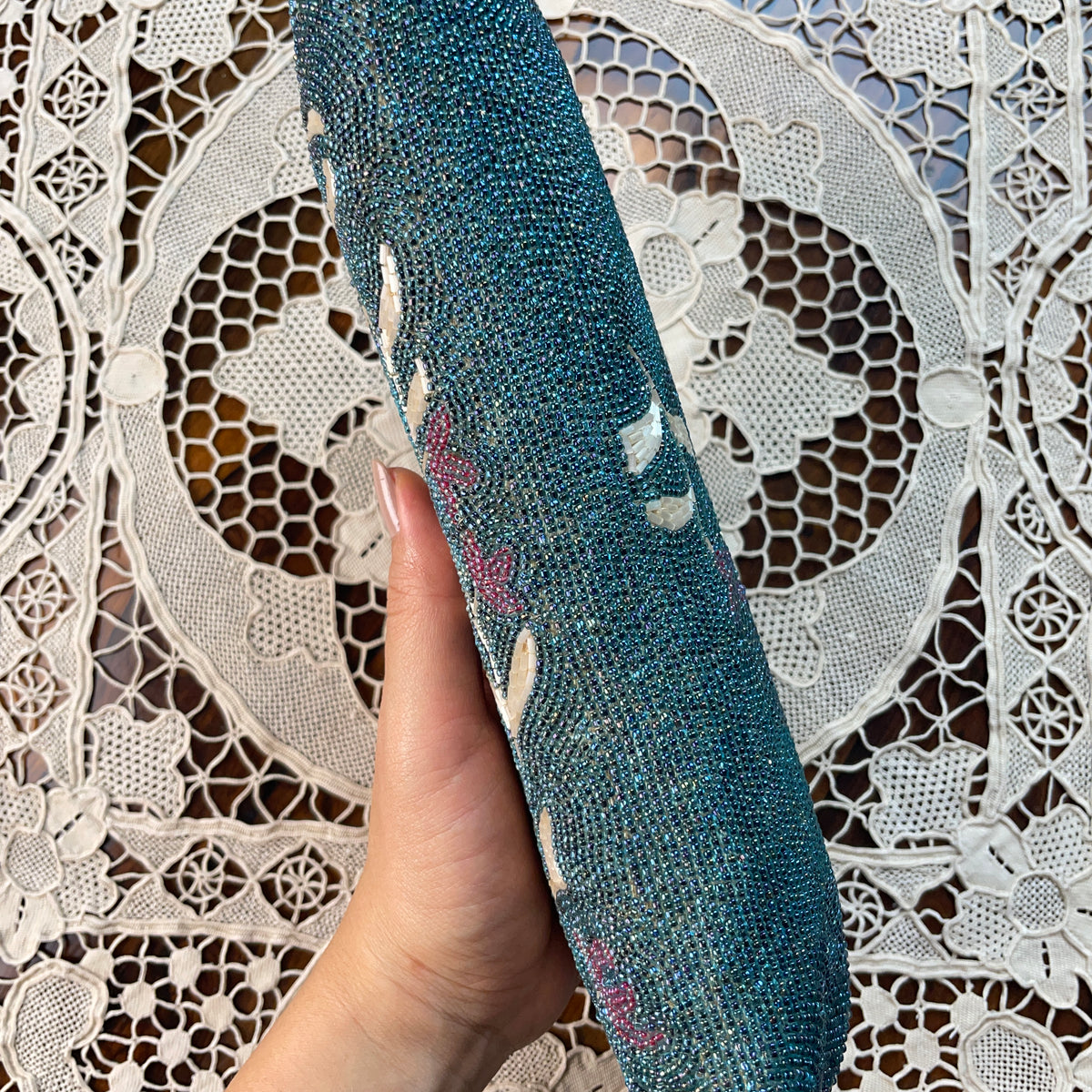 Clutch Vintage Beaded Handbag in Torquoise with Flowers