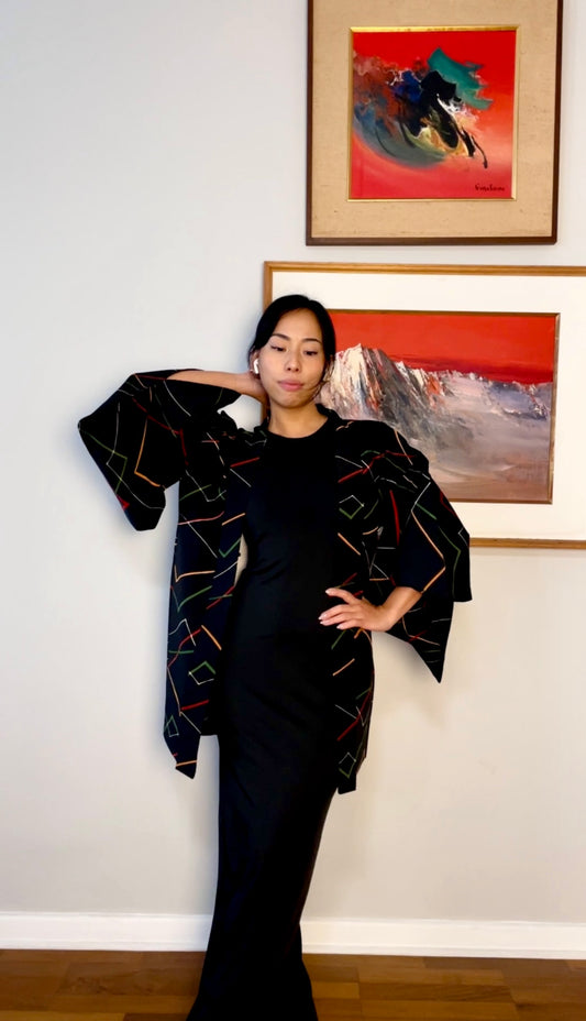Haori Black with Colorful Lines in Silk