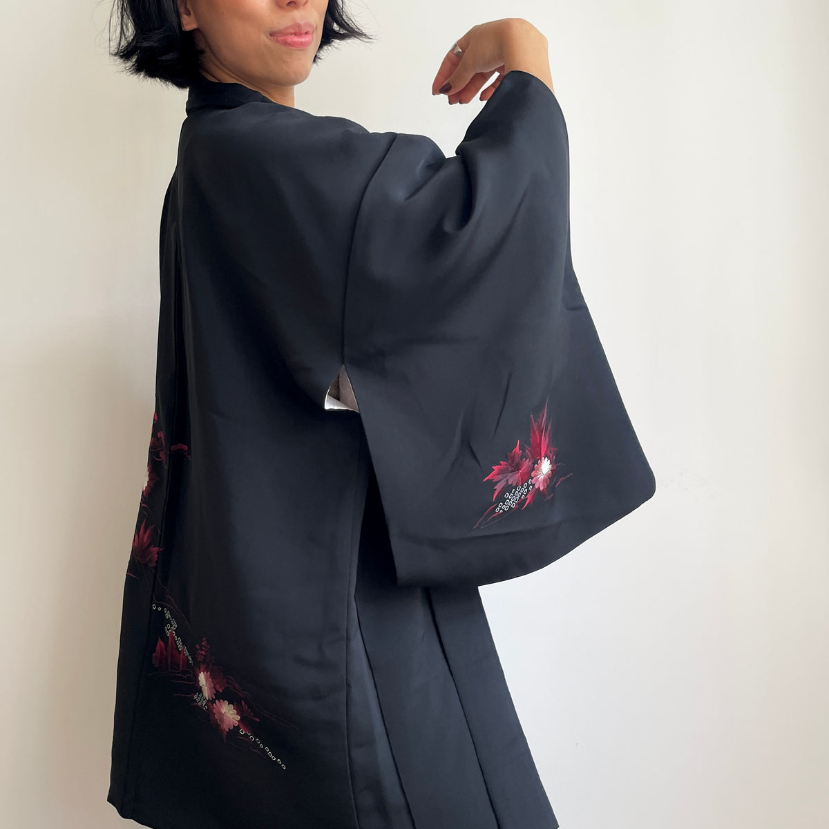 Haori Black with Dark Red Flowers Embroidered in Silk