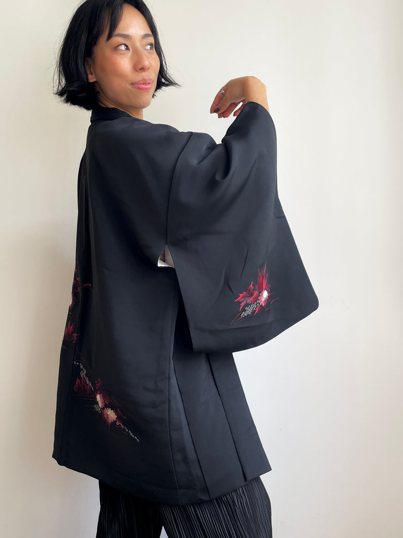 Haori Black with Dark Red Flowers Embroidered in Silk