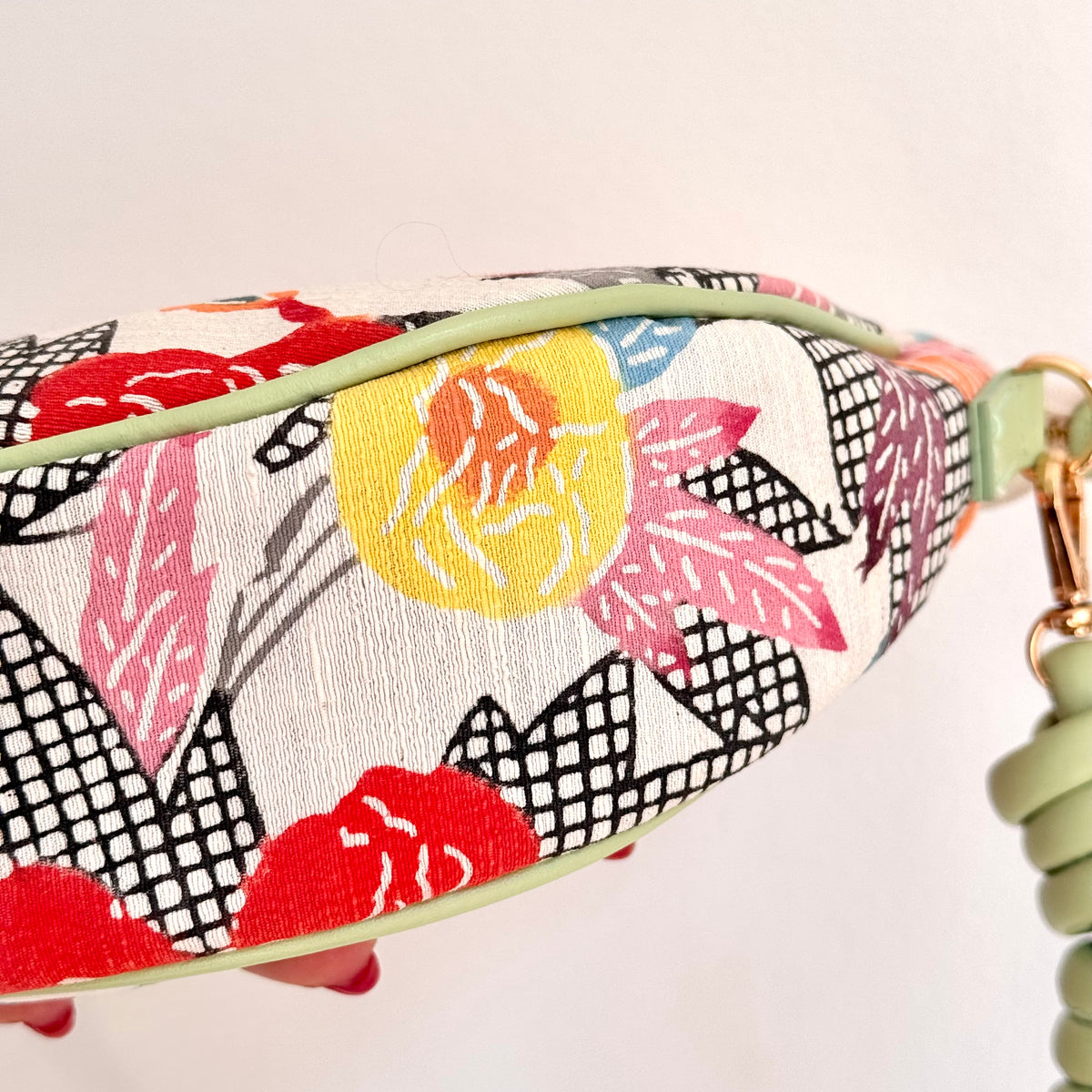 Aiko Bag: Summer Multicolor - from Japanese Obi Sash with Green Leather Strap