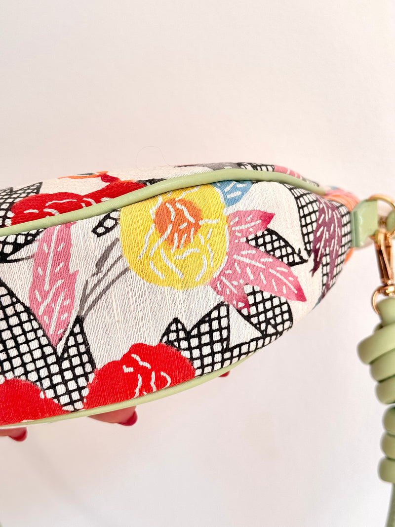 Aiko Bag: Summer Multicolor - from Japanese Obi Sash with Green Leather Strap