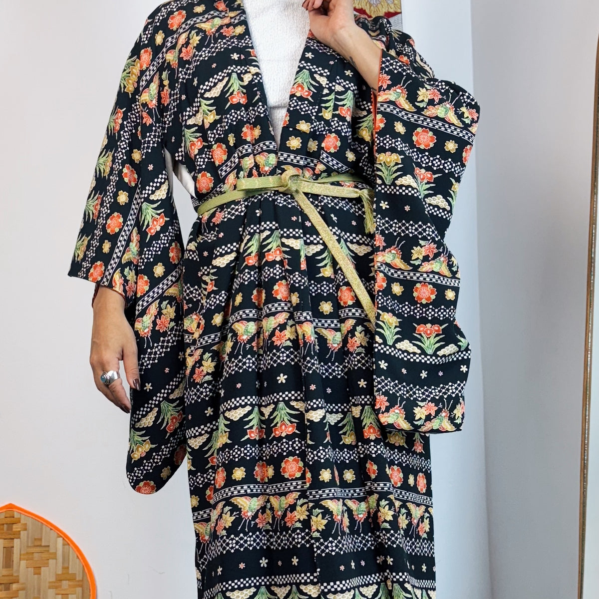 Kimono Black Summer with Red and White in Silk
