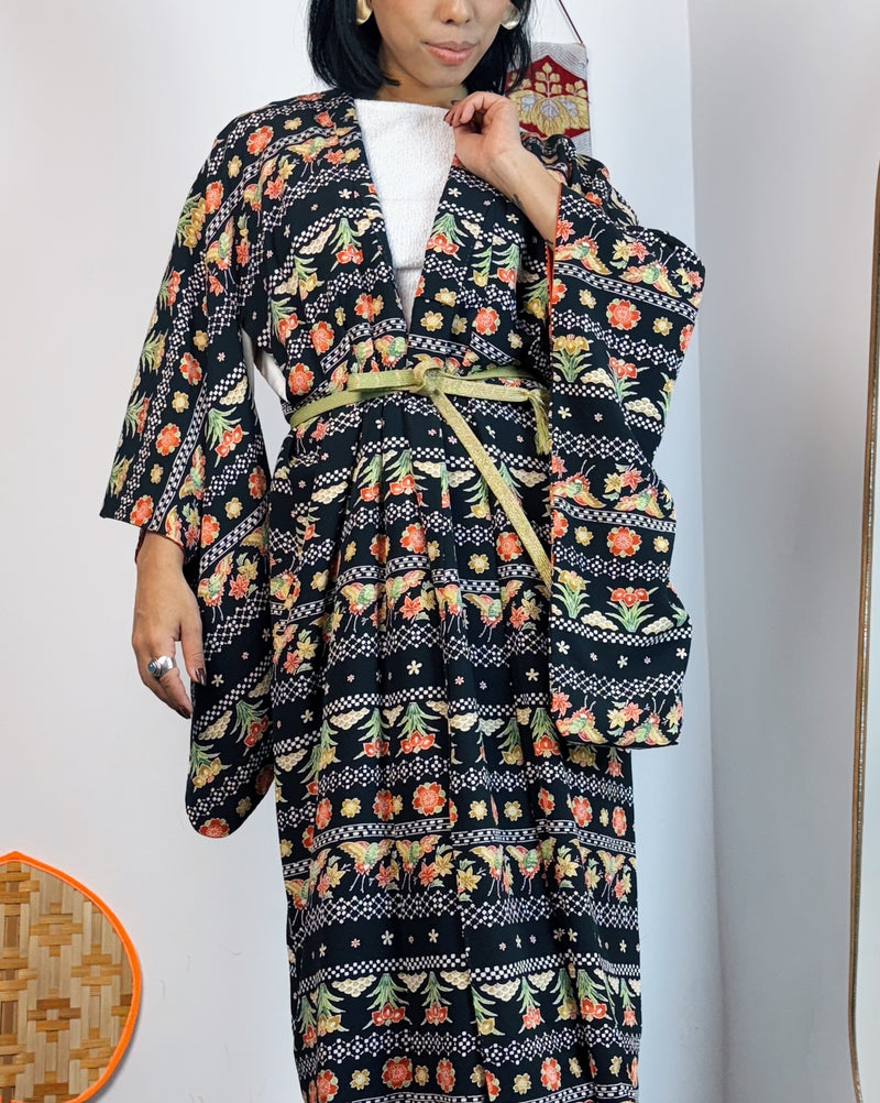 Kimono Black Summer with Red and White in Silk
