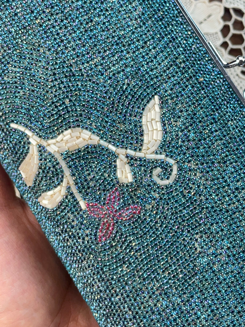Clutch Vintage Beaded Handbag in Torquoise with Flowers