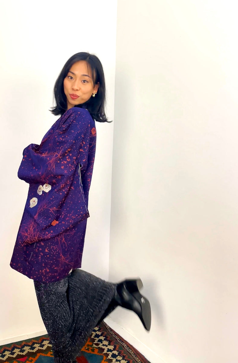 Haori Jacket Deep Purple Jacquard with Plum Flowers