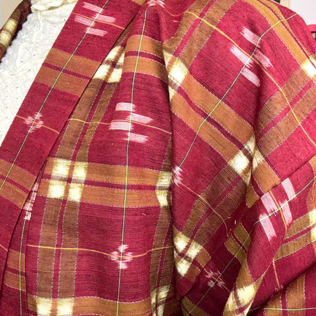 Kimono Plaid Wine Red in Tsumugi Technique Silk