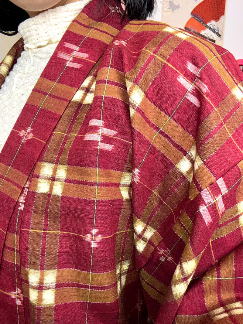 Kimono Plaid Wine Red in Tsumugi Technique Silk