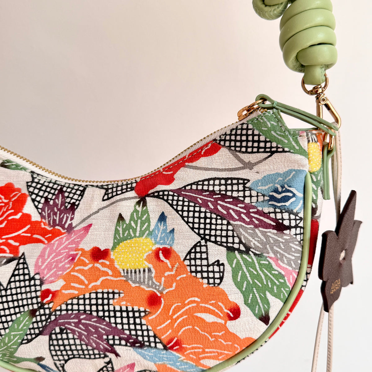 Aiko Bag: Summer Multicolor - from Japanese Obi Sash with Green Leather Strap