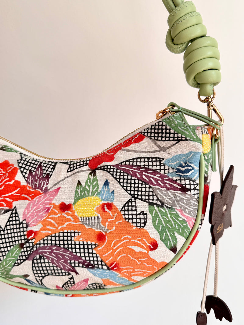 Aiko Bag: Summer Multicolor - from Japanese Obi Sash with Green Leather Strap