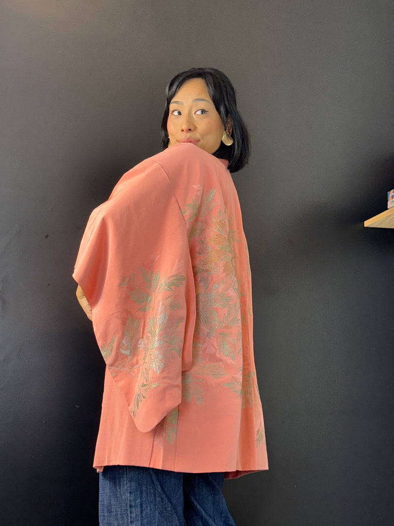 Haori Pink with Metallic Flowers Embroidered in Silk Crepe