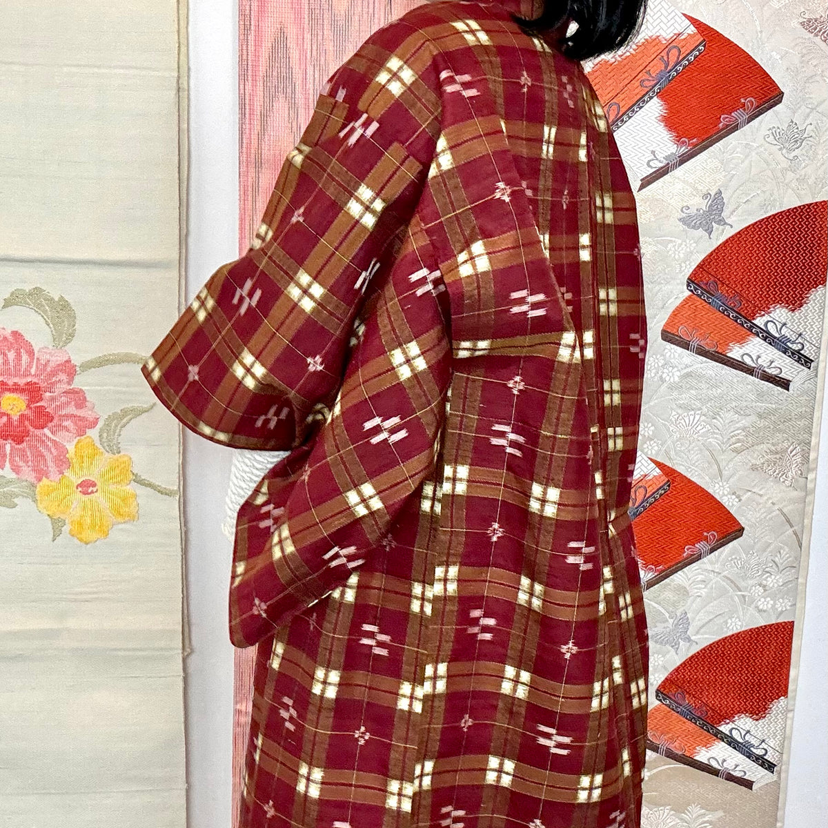 Kimono Plaid Wine Red in Tsumugi Technique Silk
