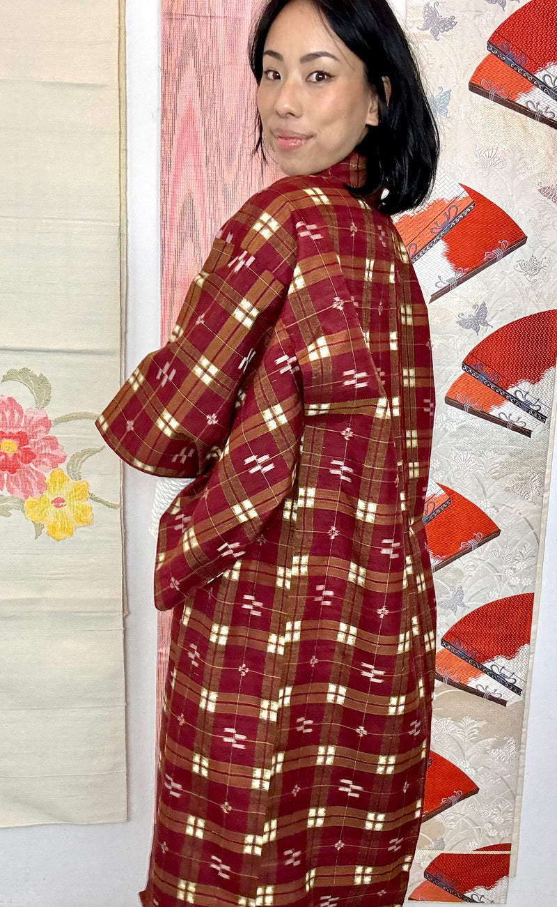 Kimono Plaid Wine Red in Tsumugi Technique Silk