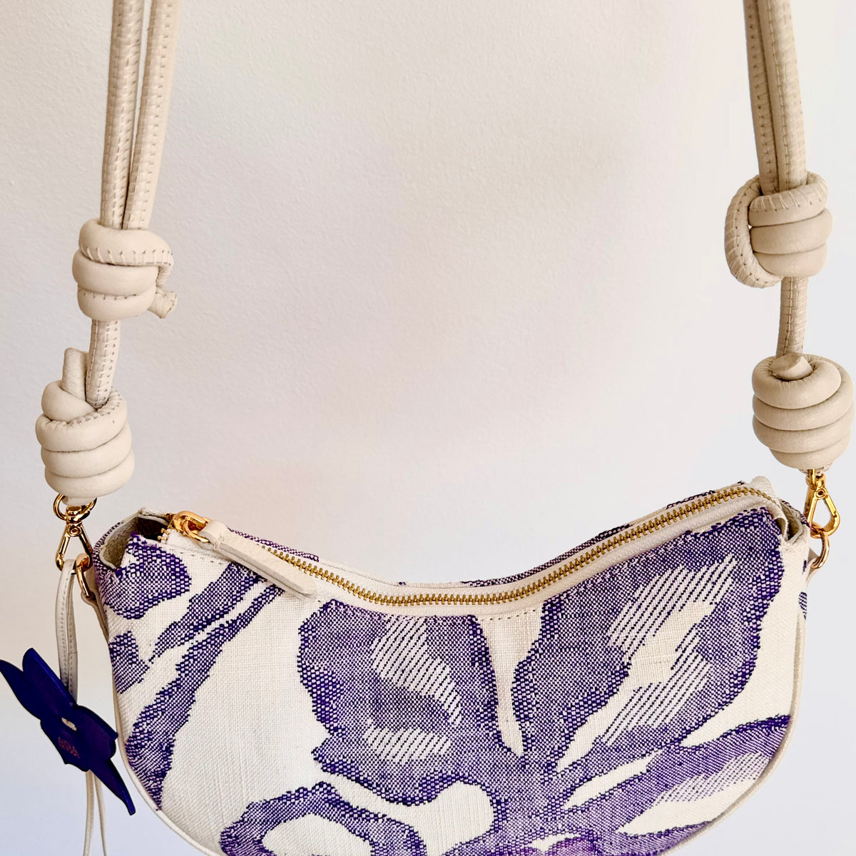 Aiko Bag: Fuji - White and Purple from Woven Japanese Obi Sash with White Leather Strap