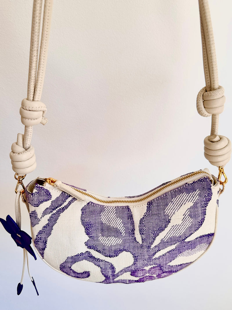 Aiko Bag: Fuji - White and Purple from Woven Japanese Obi Sash with White Leather Strap